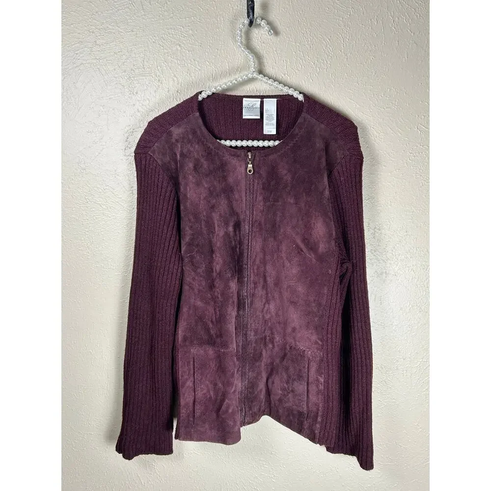 Emma James Suede Jacket Size Large Full Zip Wool Knit Maroon Coat Streetwear - Picture 5 of 11